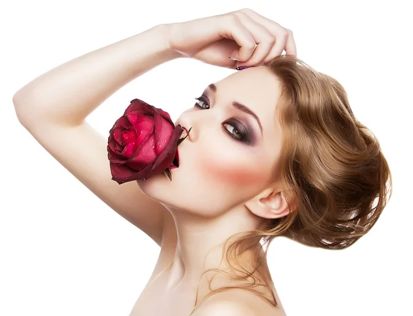 Beautiful woman and red rose — Stock Photo, Image