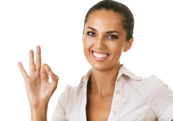 Счастливая деловая женщина, показывающая хороший жест — стоковое фото