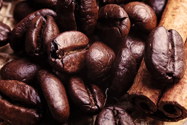 Kahve çekirdekleri ve kabuk tarçın — Stok fotoğraf