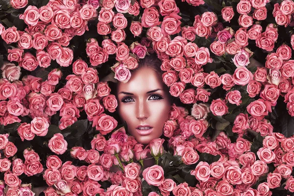 Γυναίκα πρόσωπο σε τριαντάφυλλα — Φωτογραφία Αρχείου