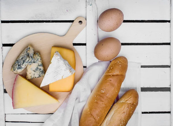 Cheese, bread and eggs — Stock Photo, Image