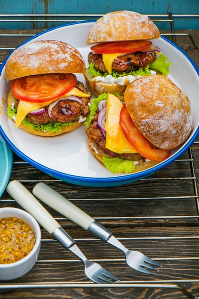 Hamburger mit Gemüse, Pommes und Senf — Stockfoto