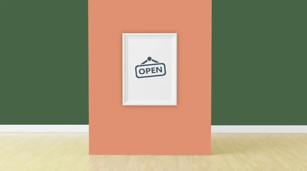 Rahmen in orangefarbener Wand im Raum, 3D-Render — Stockfoto
