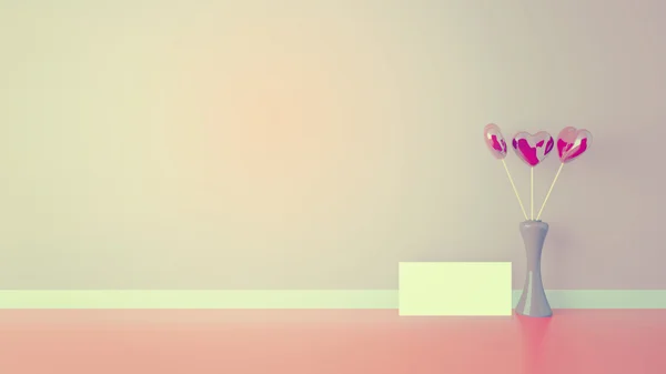 Giocattolo a forma di cuore con vaso in camera, carta bianca — Foto Stock
