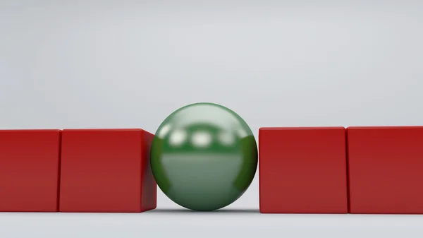Esfera verde que se destaca en el concepto de cubos rojos — Foto de Stock