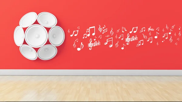 Ηχεία 3D με νότα μουσικής στον τοίχο, — Φωτογραφία Αρχείου