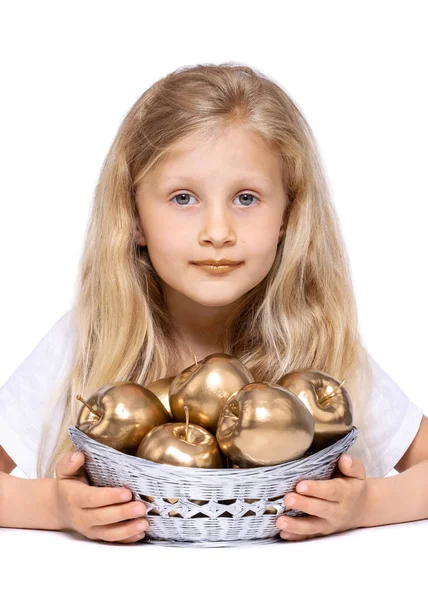 Blonde Girl Golden Lips Front Silver Basket Golden Apples Bible — Stock Photo, Image
