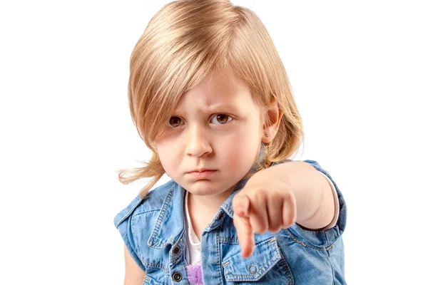 Cute angry girl pointing up — Stock Photo, Image