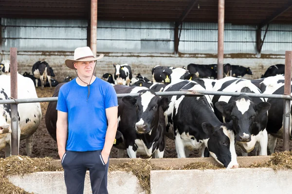Uomo agricoltore che lavora in azienda con vacche da latte — Foto Stock