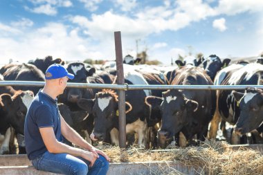 adam çiftçi süt ineklerin ile çiftlikte çalışma
