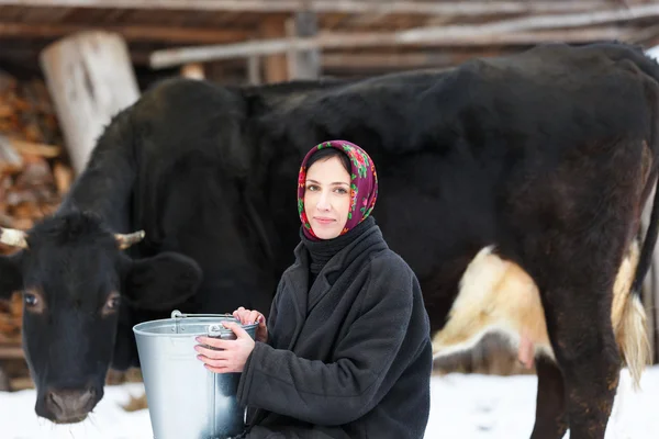 Boer vrouw melken een koe in winter tuin — Stockfoto