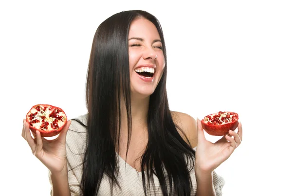 Gelukkig lachen meisje met fruit aan hun handen — Stockfoto