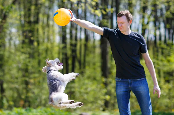 Młody człowiek grając z psem — Zdjęcie stockowe