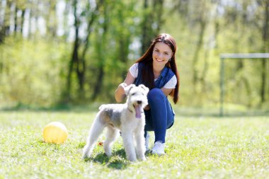 güzel genç kız onun köpekleri ile portresi