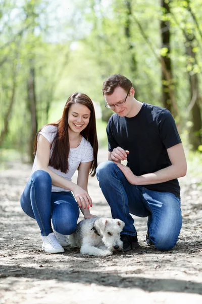幸せな若いカップルと犬 — ストック写真