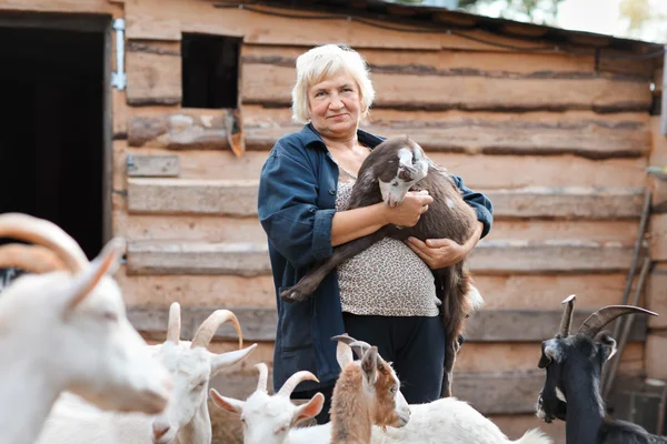 Žena zemědělce s kozami — Stock fotografie