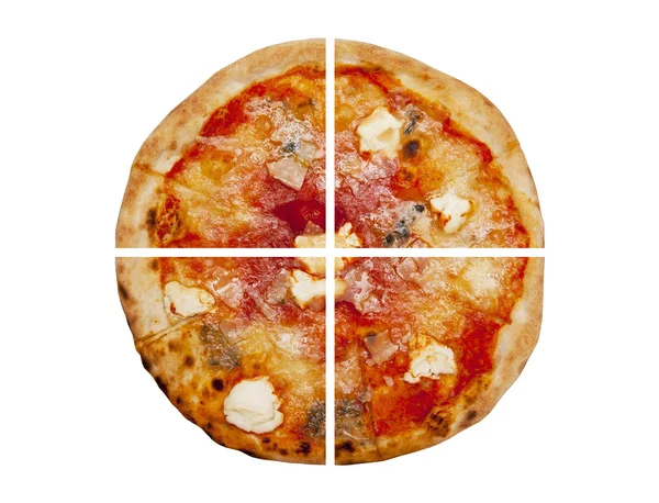 Quatre morceaux de pizza isolés sur du blanc — Photo