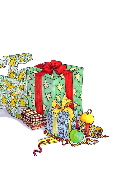 Disegno Regali Natale Multicolori Sorprese Con Palline Natale Sfondo Bianco — Foto Stock