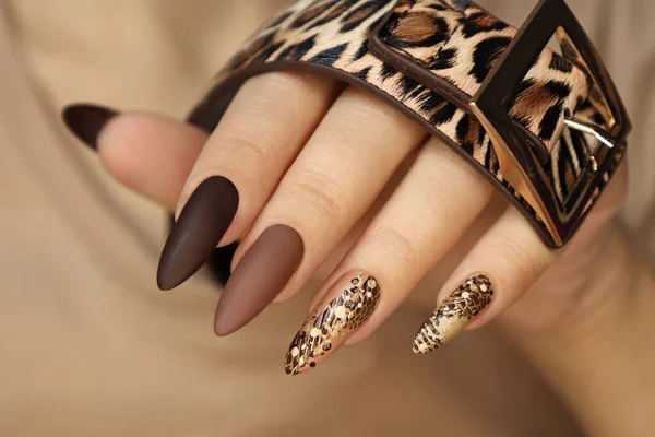 Luxueuse Manucure Marron Beige Multicolore Avec Motif Animal Sur Ongles — Photo