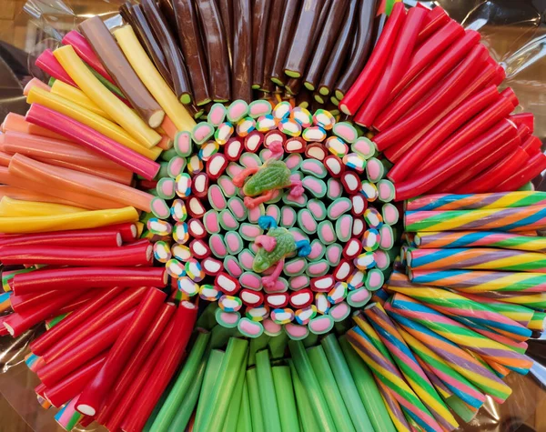 Doces Doces Azedos Multicoloridos Diferentes Formas Cores — Fotografia de Stock