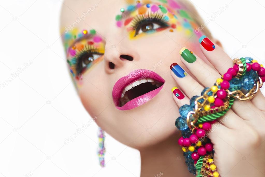 Colorful French manicure and makeup.