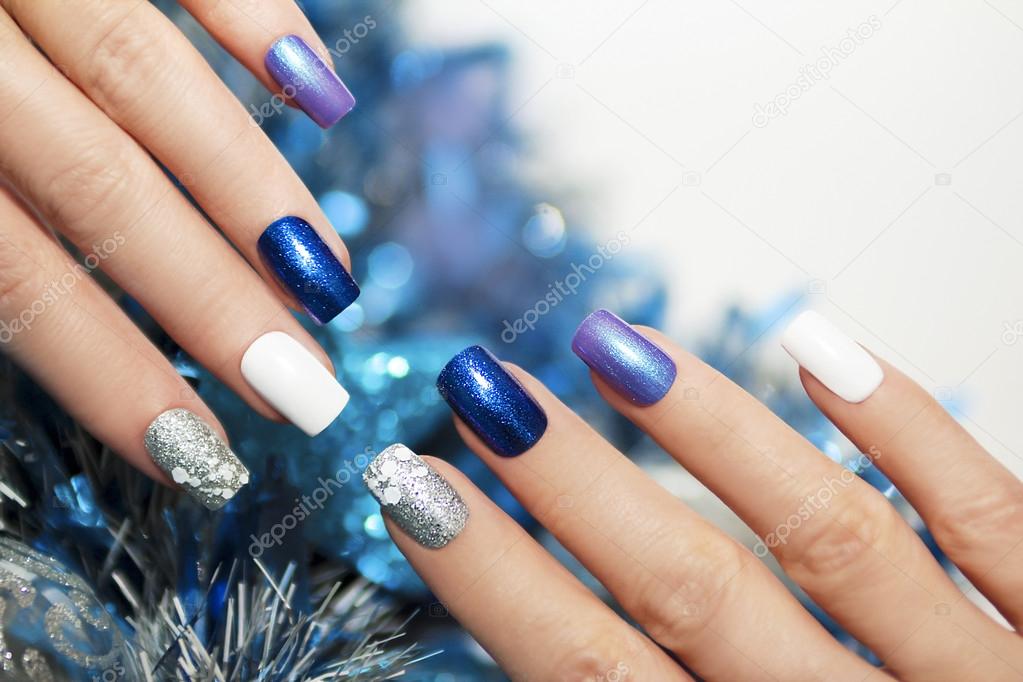 Christmas blue manicure.