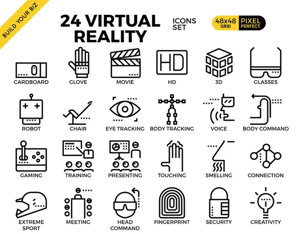 Iconos de contorno perfecto de píxeles de realidad virtual — Archivo Imágenes Vectoriales