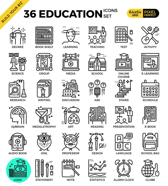 Iconos de contorno perfecto de píxeles de educación y aprendizaje — Vector de stock