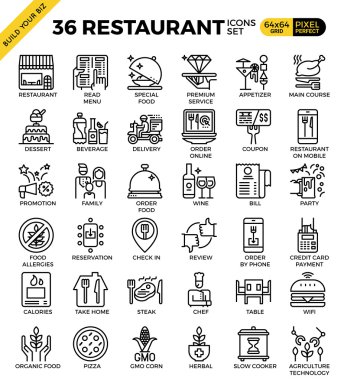 Restoran gıda iş piksel mükemmel anahat simgeleri