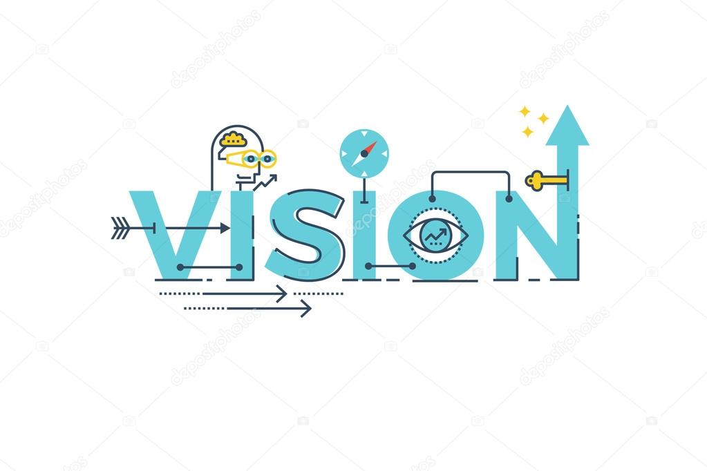 Business Vision word lettering typography design illustration with line icons and ornaments in blue theme