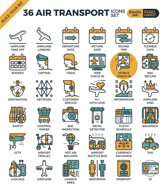 Αεροπορικών μεταφορών & ταξιδιών περίγραμμα εικονίδια — Διανυσματικό Αρχείο