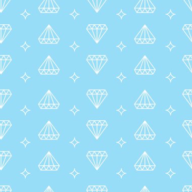 Kağıt ambalaj için mavi temalı elmas ana hatları simgeleri pürüzsüz desen arkaplanı