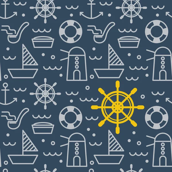 Nautical Outline Icons Concept Seamless Pattern Deep Navy Blue Background — Stock Vector