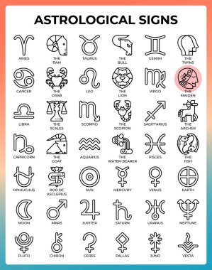 Ui, ux, web, uygulama, broşür, broşür, el ilanı ve sunum tasarımı için modern tarzda ayarlanmış Astrolojik işaret çizgisi simgeleri, vs..