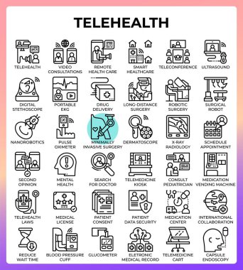 ui, ux, web, uygulama, broşür, broşür, broşür ve sunum tasarımı için modern tarzda ayarlanmış TeleHealth konsept çizgisi simgeleri, vs..