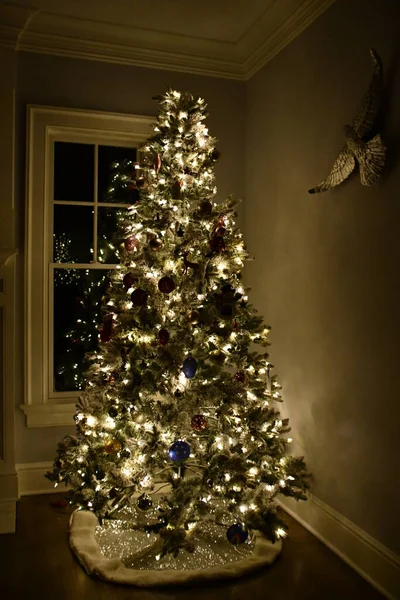 Uma Bela Árvore Natal Alta Casa — Fotografia de Stock
