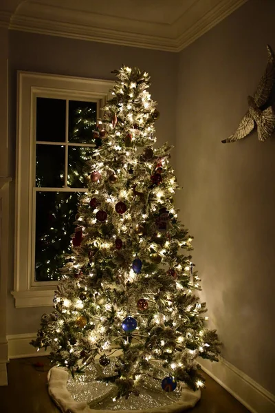 Uma Bela Árvore Natal Alta Casa — Fotografia de Stock