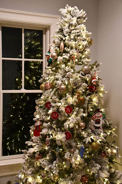 Uma Bela Árvore Natal Alta Casa — Fotografia de Stock