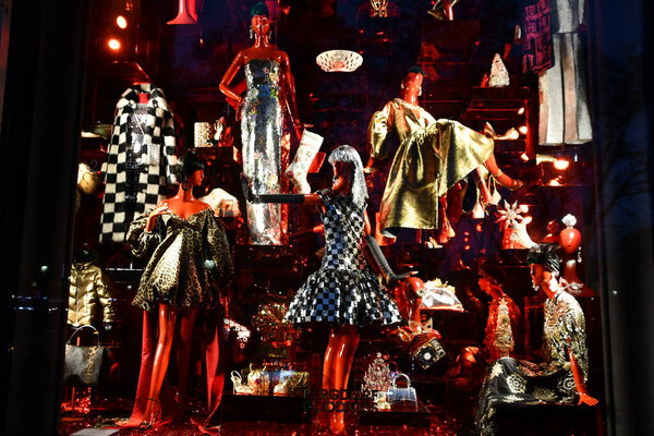 NEW YORK, NY - DEC 6: Holiday decor at Bergdorf Goodman in New York, as seen on Dec 6, 2020. This is the flagship store and attracts tourists in the holiday season for its window displays.