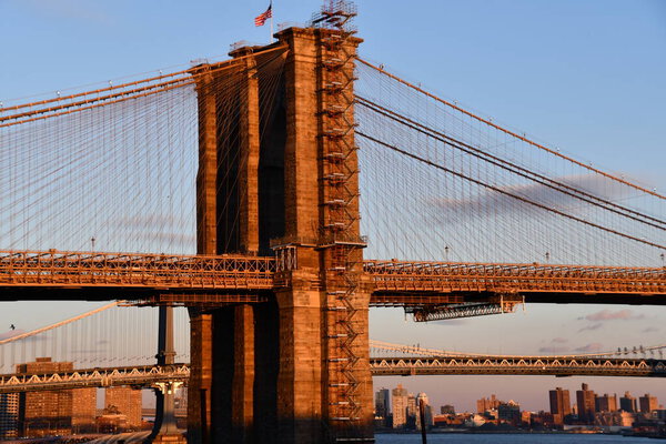 Brooklyn Bridge, at sunset, in New York City