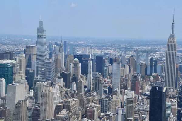 NEW YORK, NY - JUN 20: Aerial View of New York City from The Edge Observation Deck at Hudson Yards, as seen on Jun 20, 2021.