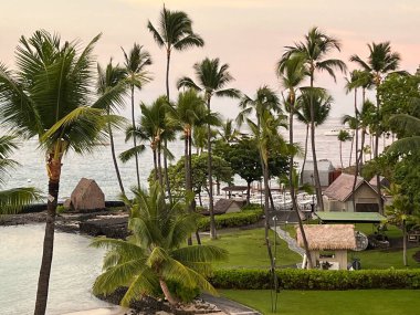 KAILUA KONA, HI - 13 AUG: 13 Ağustos 2022 'de Hawaii' de Büyük Ada 'da Kailua Kona' da Marriott King Kamehameha Kona Plaj Oteli 'nin avlusu.