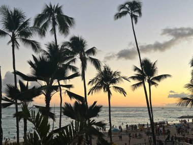 WAIKIKI HI - 21 AUG: Hawaii 'deki Oahu adasındaki Outrigger Waikiki Beach Resort' ta Duke 'ün restoranından günbatımı manzarası