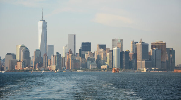 Panoramic image of lower Manhattan skyline from Staten Island Ferry boat, New York City