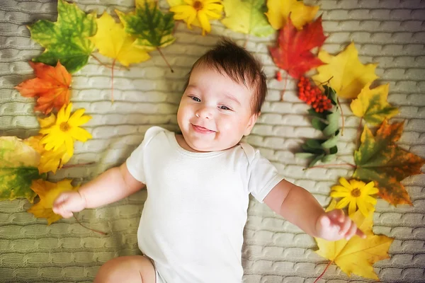Mooie pasgeboren baby ligt met esdoorn bladeren. Herfst concept — Stockfoto