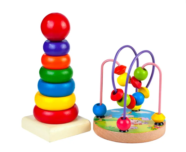 Childrens wooden toys and pyramid maze — Stock Photo, Image