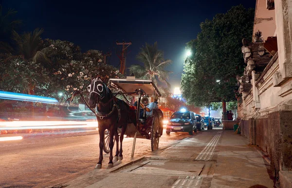 Kůň Vozíkem Silnici Čeká Noci Turisty Bali Indonésii — Stock fotografie