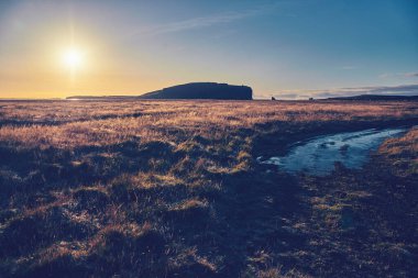Sonbaharda İzlanda 'da bir tarlanın üzerinde gün doğumu
