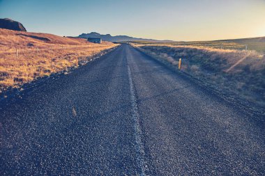 İzlanda 'da şafak vakti bir tarlada siyah boş asfalt yol.
