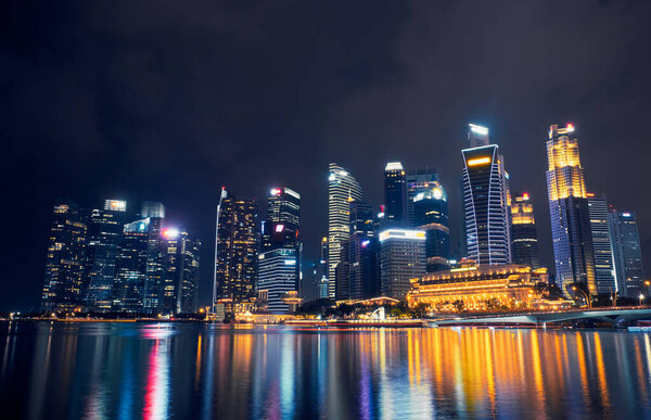 View of the central business district with skyscrapers in Singapore at night